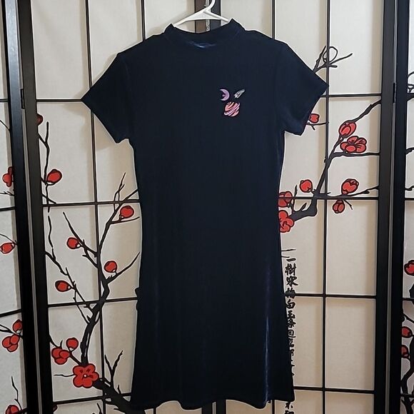 Lazy Oaf Midnight Planet Dress Size L Blue Velvet Celestial Moon - Picture 4 of 10